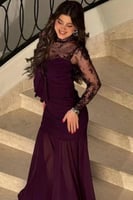 فستان سهرة عنابي طويل دانتيل