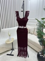 فستان عنابي فاخر قطعتين خامة دانتيل