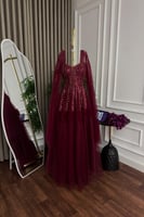 فستان سهرة عنابي تل كلوش مطرز فساتين سهره 2026