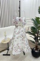 فستان ناعم قصير مشجر لون ابيض مع وردي