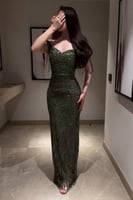 فستان سهره زيتي خامة تل كلفة تطريز خرز