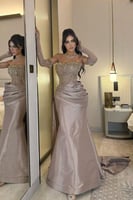 فستان سهرة ملكي لون بيج داكن بتصميم حورية