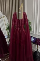 فستان سهرة عنابي تل كلوش مطرز فساتين سهره 2026