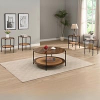 طقم طاولات خشب وراتان بني