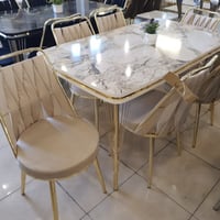 طاولة طعام 6 كرسي سطح خشب رجل ستيل ذهبي