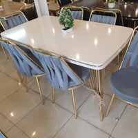 طاولة طعام 6 كرسي سطح خشب رجل ستيل ذهبي لون ازرق