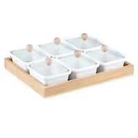 طقم صحون مكسرات سداسي بصينية خشب