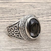 خاتم رجالي ستانليس ستيل مطلي بالفضة بنقوش شرقية ون...