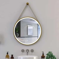 مرآة حمام دائرية معلّقة بإطار ذهبي وإضاءة LED