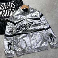 Hellstar's red bomber jacket is decorated with a b...