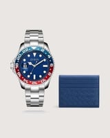 طقم رجالي ساعة فضي ومحفظة جلد