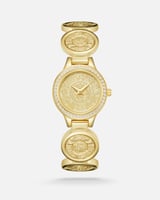 ساعة نسائية وسلسال بتصميم يترجم الأصالة بلون ذهبي