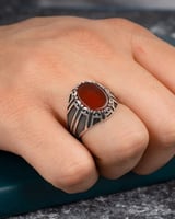 خاتم فضة رجالي فاخر بحجر بيضاوي بني