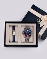 طقم رجالي من ساعة واسوارة باللون الفضي والأزرق