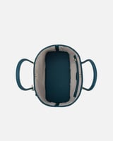 ‎ شنطة نسائية من القماش والجلد بلون أزرق وبيج