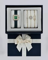 طقم نسائي أساور وساعة جلد بلون أخضر