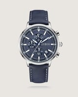 ساعة رجالية بسير جلد بلون أزرق.
