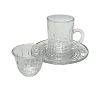 طقم بيالة مع صحن زجاج شفاف وفنجال