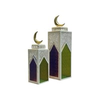 فانوس مربع معدني بيج زجاج ملون مربع