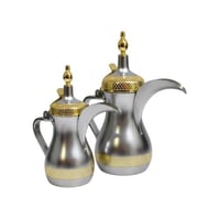 دلة قهوة ستانلس ستيل فضي مزين بذهبي
