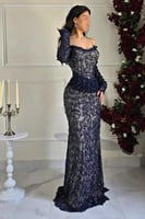 فستان سهره أوف شولدر مزين بالخرز لون كحلي