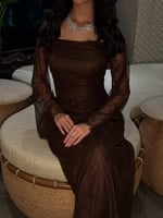 فستان سهره اللون بني دانتيل وفصوص زركون