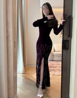 فستان سهرة عنابي تطريز مكشوف الأكتاف