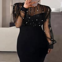 فستان نسائي بأكمام طويلة ، شفاف من خلال الخرز الش