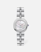 ساعة انيقة بتصميم فاخر باللون الفضي ميناء صدفي ابي...