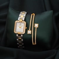 طقم ساعة وإسواره أنيق باللون الذهبي والفضي ميناء ا...