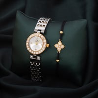 طقم ساعة وإسواره خيط جذابه باللون الفضي والذهبي