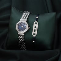 طقم ساعة وإسواره ساحره باللون الفضي ميناء كحلي