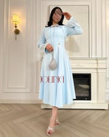 فستان سماوي قطعتين باكمام مطرزه بالفصوص