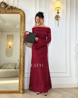 فستان دانتيل باكمام أوف شولدر عنابي