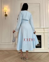 فستان سماوي قطعتين باكمام مطرزه بالفصوص