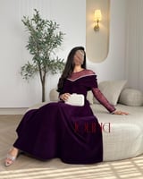فستان مخمل موف طويل بأكمام تول