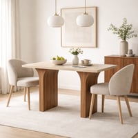 طاولة عصرية بسطح فاتح أنيق وقاعدة بنية منحنية تعطي...