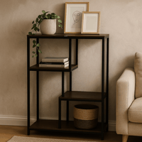 وحدة رفوف بتصميم عصري من المعدن والخشب، مثالية لعر...