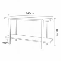 كونسول عصري بسطح زجاجي ورف خشبي وهيكل معدني أنيق.