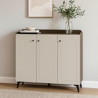خزانة بتصميم عصري بلون بيج مع حواف خشبية داكنة، وأ...