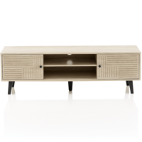 طاولة تلفزيون بتصميم خشبي عصري بلون فاتح مع رفوف و...