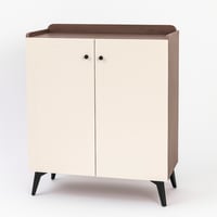 خزانة بتصميم عصري بلون بيج مع حواف خشبية داكنة، وأ...