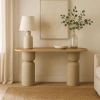 كونسول أنيق بسطح خشبي وقاعدة بيضاء عصرية