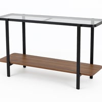 كونسول عصري بسطح زجاجي ورف خشبي وهيكل معدني أنيق.