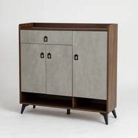 خزانة عصرية بواجهة رمادية وإطار خشبي وأدراج عملية.