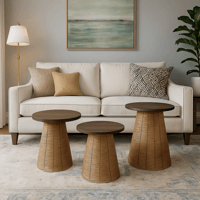 طقم طاولات خزف فاتح - أسطح خشب داكنة