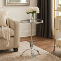 طاولة خدمة دائرية - معدن فضي - سطح زجاجي
