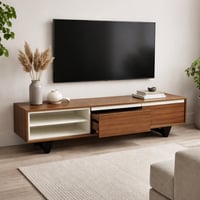 طاولة تلفاز بتصميم عصري عملي، تجمع بين لون الخشب ا...