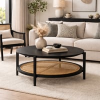 طاولة قهوة دائرية بتصميم عصري، سطح خشبي أنيق مع رف...