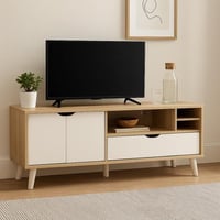 طاولة تلفزيون عصرية بخشب فاتح وأدراج بيضاء، تجمع ب...